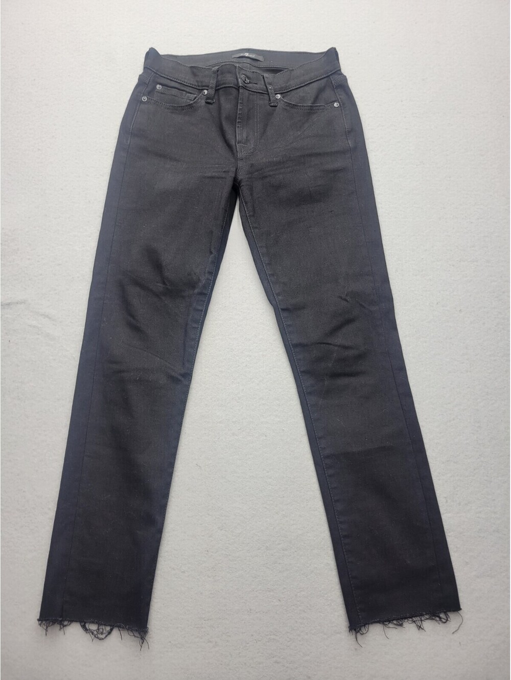 7 For All Mankind Women's Jeans Size 4 Black Ankle Raw Hem Roxanne Mid Rise